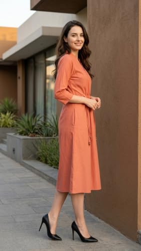Image of New Ethnic 4 You Women's Pure Cotton Solid Peach A-Line Midi Dress