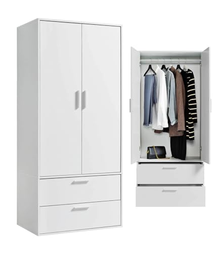 mokebo Kleiderschrank \'Der Kleiderheld\' (80x180x51 cm) mit 2 durchlaufenden Schubladen, Garderobenschrank, Flurschrank o. Schrank für Schlafzimmer oder Ankleidezimmer aus Holz in Weiß