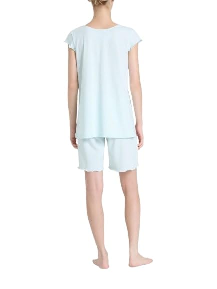 RAGNO Pigiama Donna Corto Casacca con Scollo a V, Maniche Corte Arricciate, Delicato Bordo sul Collo in Tulle. Pantalone Corto con Delicata Arricciatura Che richiama la medesima sulla Manica.