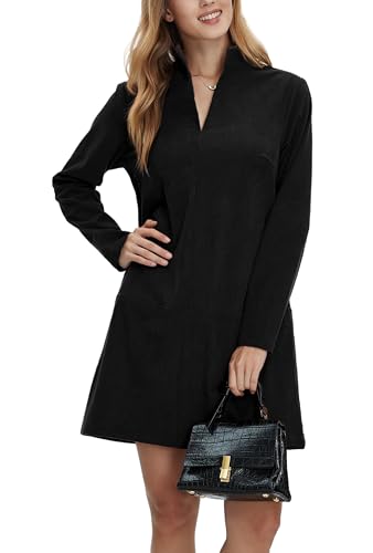EZAPINE Damen Cordkleid V-Ausschnitt Langarm Casual Vintage Retro A-Linie Minikleider, Schwarz, Mittel