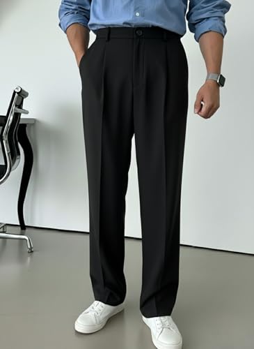 Image of INDICLUB Men's Pleated Dress Trousers, High Waist, Straight Leg, Business Casual Pants