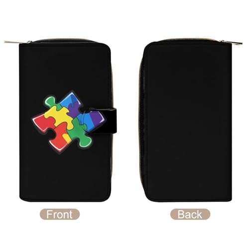 Autism Puzzle Piece Women's Long Wallets Leather Card Holder Purse Zippered Buckle Clutch Handbag3