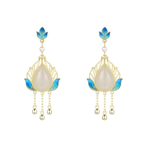 Boucles d'oreilles de Drop Hetian Jade en émail lotus de haute facture