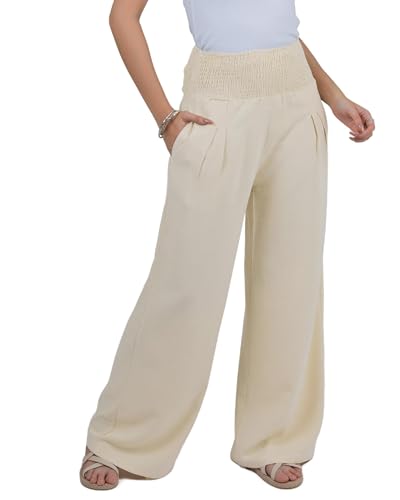 LOFBAZ Women Linen Palazzo Wide Leg Pants Flowy Lounge Casual High Waist Trousers Summer Beach Boho Long Pant with Pockets