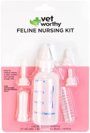 Vet Worthy 7-Piece Feline Nursing Kit - Cat Nursing Set for Orphaned and Newborn Kittens - Pet Feeding Support Kit with 2 oz Feeding Bottle, Milk Bottle Brush, and 5 Nipples