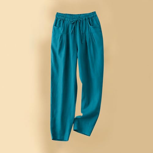 Cotton Linen Cropped Pants for Women Summer Wide Leg Pants Casual Elastic Waist Drawstring Loose Trousers with Pockets2