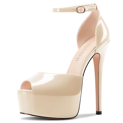 Image of TNYNFBEB Womens Stiletto High Platform Heel Peep Open Toe Sandals Ankle Strap Buckle Prom Party Dress Patent Leather 6.1 Inches Heels