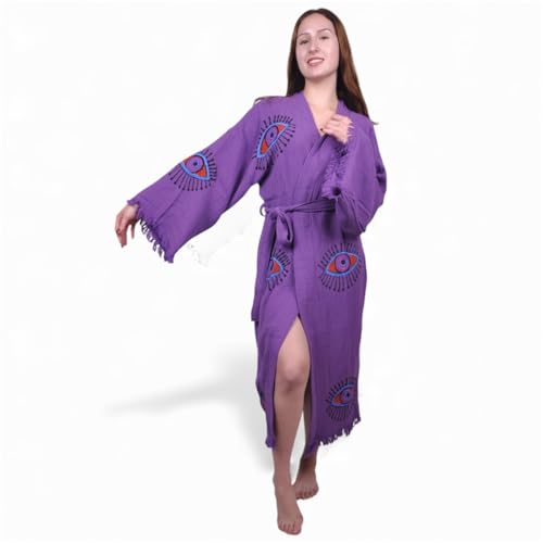 Image of Purple Evil Eye Robe - Turkish Cotton Spa Robe - Handmade Festival Women Kimono - Boho Long Cardigan - Dressing Gown
