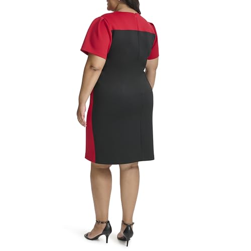 Image of Tommy Hilfiger Women's Short Sleeve Jewel Neck Colorblock Studded Asymmetrical Hem Crepe Mini Dress