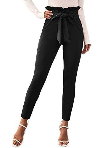 Floerns Women's High Waist Paper Bag Work Pants Stretchy Trouser with Belt