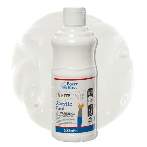 Baker Ross FN511 White Acrylic Paint - Pack of 1 Bottle 500ml Non-Toxic Gloss Finish Wood Canvas Craft Supplies