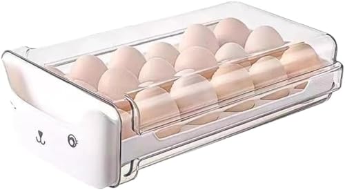 MLTUN MAKAN 食品グレードの引き出し式卵収納ボックスは大容量で、スペースを節約し、冷蔵庫を整理整頓します。 (ホワイト,単層)