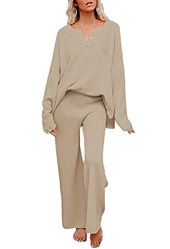 Image of Pink Queen Women's 2 Piece Outfit Set Long Sleeve Button Pullover Sweater Top and Wide Leg Pants Knit Sweatsuit