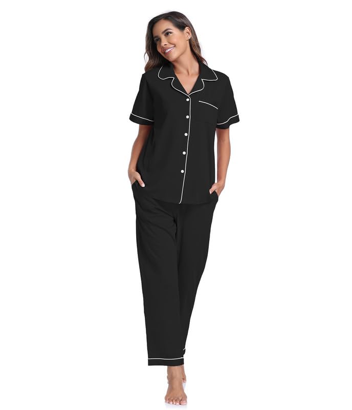 Image of CF Womens 100% Cotton Pajamas Set Button Down Pjs Sets Short Sleeve Top & Long Pants Sleepwear Comfy Loungewear with Pockets