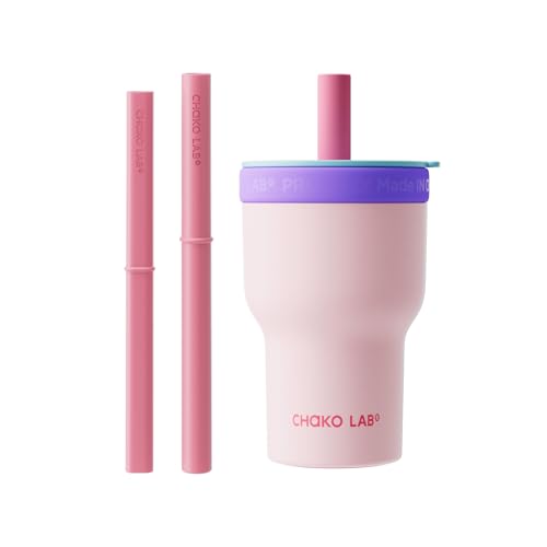 CHAKO LAB Insulated Stainless Steel Water Bottle | Dual-layer tumbler with Glass Linner and Stainsteel Linner | BPA-Free Leak Proof Thermos | 20oz Bottle with Two Straw | Pink & Purple