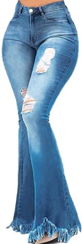 PaladMom Skinny 70s Outfits Bell Bottom Jeans for Women Elastic High Waisted Ripped Tassels Flared Jeans Raw Hem Wide Leg Denim Pants(Blue,XXLarge)