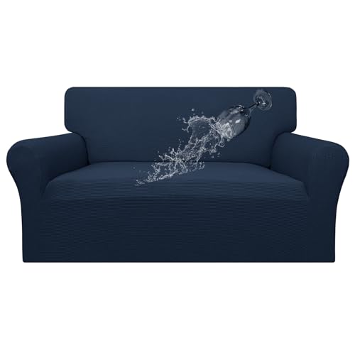 Image of Easy-Going 100% Waterproof Loveseat Couch Cover Stretch Jacquard Sofa Cover | Dual Waterproof Sofa Slipcover, Leakproof Furniture Protector for Kids, Pets, Dog and Cat (Loveseat, Dark Blue)