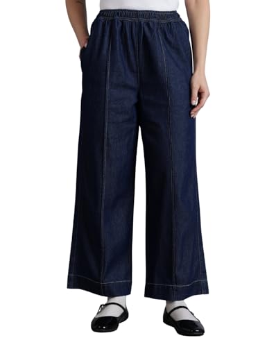 Image of INKD Women's Wide Leg Jeans- 100% Cotton | Mid-Rise | Elasticated Waistband | Pintuck Details | Comfort Fit | Palazzo Pants for Women | Lightweight Denim for Summers (Available in Plus Sizes)