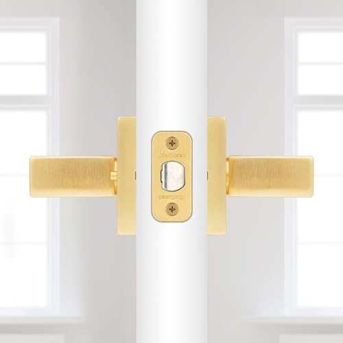 Image of Kwikset Singapore Interior Privacy Door Handle with Lock, Door Lever for Bathroom and Bedroom, Satin Brass Reversible Keyless Push Button Lock Door Lever, with Microban Protection (Pack of 4)