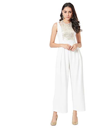 Image of Miss Chase Women's Halter Neck Sleeveless Solid Wide Leg Sequin Paneled Regular Length Jumpsuit