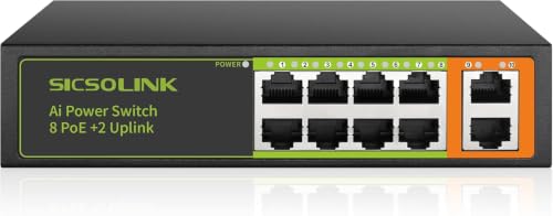 SICSOLINK 8 Port PoE+ Switch 120W 30W/Port, 2 Uplink Ports, 250M Transmission, AI Smart Detection, Unmanaged PoE Switch for IP Cameras, Home Office, Small Business – Plug & Play, Wall Mountable