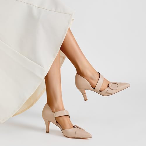 Women's Pointed Toe D'Orsay Pumps with Fashion Round Buckle, Closed Toe 3" Stiletto High Heels with Comfy S Elastic Strap for Dress Work Office Shoes2