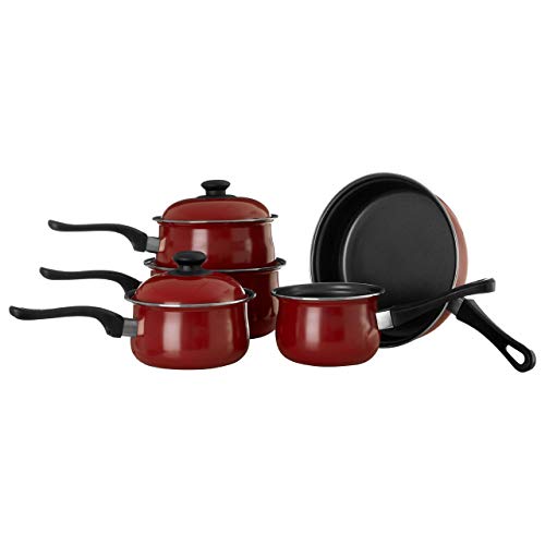 5 PC PIECES RED CARBON STEEL BAKELITE HANDLE KITCHEN COOKWARE NON STICK SAUCEPAN FRYING PAN MILK PANS SET WITH LID