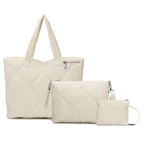 Image of Quilted Tote Bag Set for Women, Puffer Shoulder Bag with Crossbody Purse and Small Pouch, Lightweight Travel Work Gym Handbag