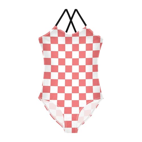 Image of Black and White Chess Girls One Piece Swimsuits Board Marble Tile Sport Halter Swimwear Beach Bathing Suit 3T