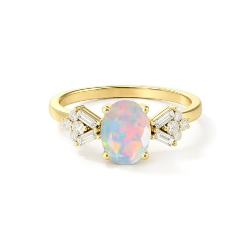 Designer Ring with Central Oval-Cut Natural Black Opal Gemstone and Baguette and Round Cut Side Stone for Women in 14K Yellow Gold Plated | Wedding, Anniversary, Promise Rings for Her