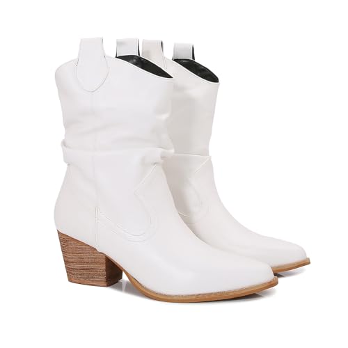 mm Women's Modern Western Short Cowboy Boot with Pull-Up Tabs, Slip On Pointed Toe Chunky Heel Cowgirl Boots for Girls Ladies Fall, Brown White Navy2