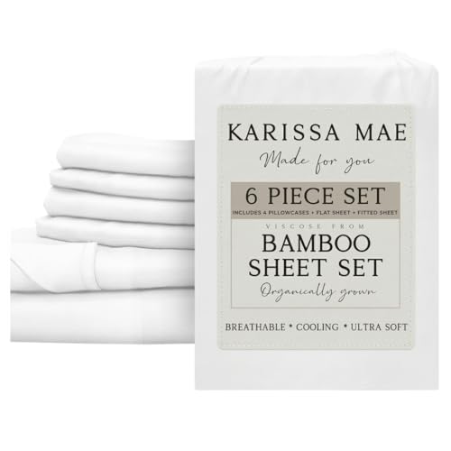 Image of KARISSA MAE 6 Piece Luxury Bamboo Viscose King Sheet Set, 4 Pillowcases | FSC Certified | Cooling | Ultra Soft | 18 inch Deep Pockets | Elastic Corner Straps |Includes Organizer Band [White]