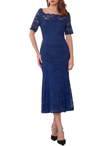 WOMLAYOUT Damen Spitzen Hochzeit Abendkleider Kurzarm Formale Schulterfreies Cocktail Midikleid Dunkelblau S