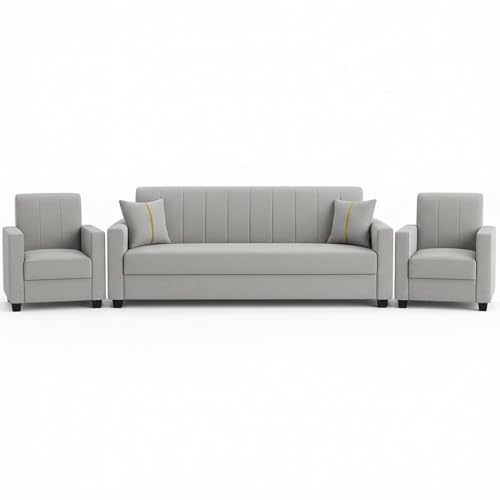 Image of FURNY Cosmos 5 Seater Fabric 3+1+1 Sofa Set (Light Grey) Premium Velvet Finish | Durable Comfort | Ideal for Living Room