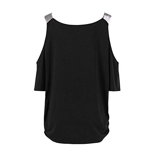 Women\'s Plus Size Sequin Strap Splicing Cold Shoulder Tunic Top Short Sleeve V Neck Basic T Shirts Blouse Pullovers Black - Thumbnail 4