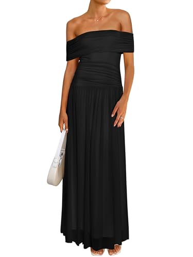 MASCOMODA Women Off The Shoulder Mesh Maxi Dress Bodycon Ruched Formal Sleeveless Pleated Cocktail Wedding Guest Long Dresses