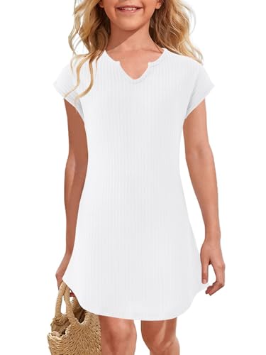 Girls Beach Coverup V Neck Short Sleeve Swimwear Cover Ups Crochet Bathing Suit Bikini Beach Dress for Kids 4-13Y