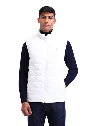 Image of Arrow Sports Men's Grey Solid High neck Sleeveless Casual Polyester Regular Fit Jacket