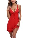 Nieery Damen Negligee Kurz Nachthemd Ärmellos Unterkleid Nachtkleid mit Spitzen Sexy V-Ausschnitt Verstellbare Träger Lingerie Baumwolle Dessous Kleid Trägerkleid Rot M