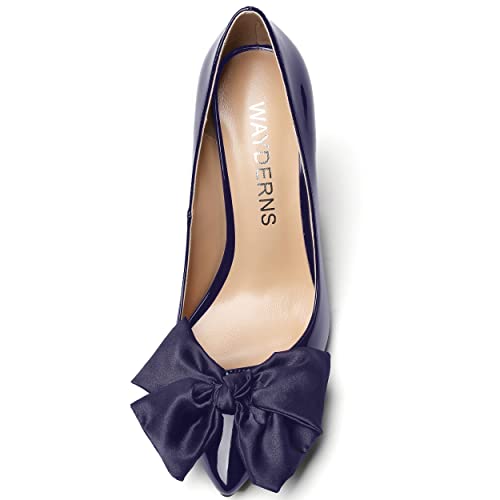 WAYDERNS Women's Dress Wedding Solid Patent Slip On Pointed Toe Bow Block High Heel Pumps Shoes 4 Inch3