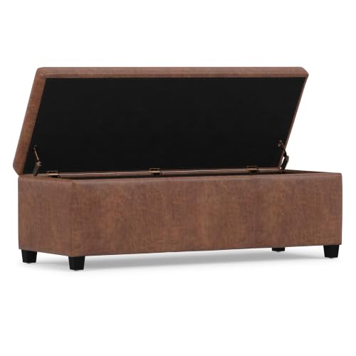 Image of SIMPLIHOME Avalon 48 inch Wide Vegan Leather Storage Ottoman in Saddle Brown