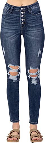 Judy Blue Women's High Rise Button Fly Cuffed Skinny Jeans