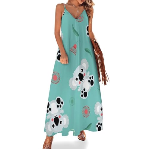 Robe longue koala dessin animé imprimé graphique original sans manches robe maxi d'été
