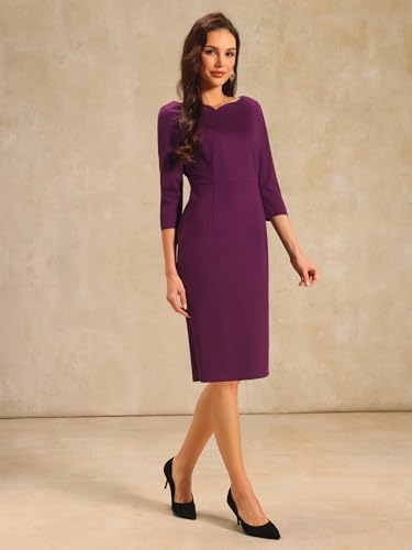 Image of Hobemty Women's 3 /4 Sleeve Pencil Dress Boat Neck Elegant Wear to Work Midi Sheath Dresses