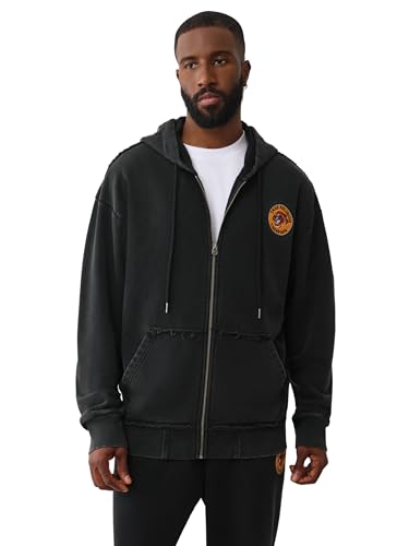 True Religion Men's Tiger Relaxed Vintage Zip Up Hoodie – Casual Full Zip Graphic Sweatshirt