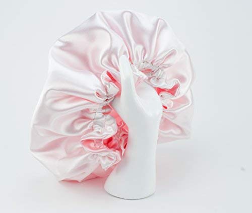 Pink & White Reversible Satin Hair Bonnet with Ajustable options in size Newborn to Adult 5X Large (Newborn - Toddlers With Elastic Cord)