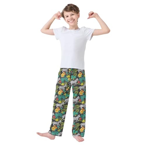 Zebra Hibiscus Floral Boys Long Pants Soft Trousers Elastic Waist Kids Lounge Bottoms with Pockets S-XL2