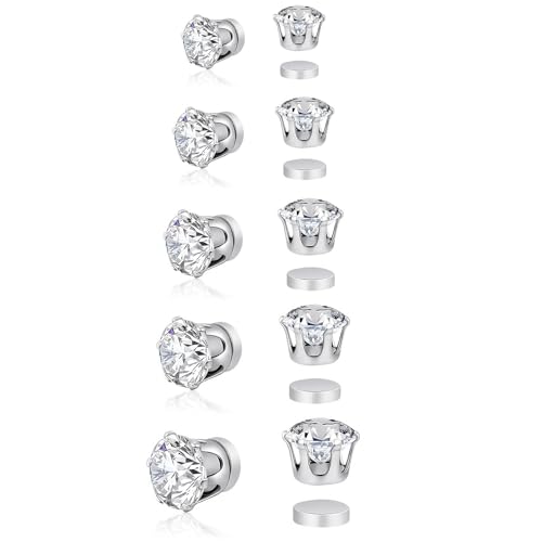 JYXNU 5 Paires Boucles d'Oreilles Homme Boucle Aimantée, Zirconium Ronde Clou, Magnétiques Fausse Boucle d'Oreille Femme Zircon Brillant Boucle d Oreille...