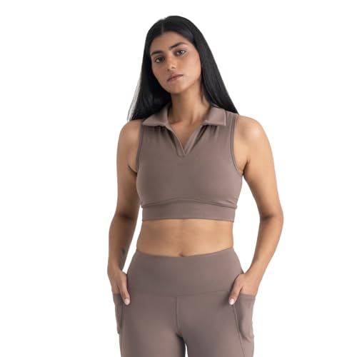 Image of HUNNIT 2 in 1 Sports Bra Crop Top - women's Polo Neck and Racerback styles with Medium Coverage, Lightly Padded, Stretchy Sports Bra perfect for Gym Workout and Sweat Wicking Fabric