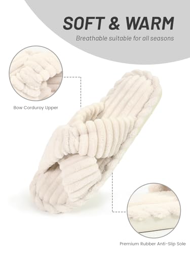 Xelky Indoor Slippers for Women House Open Toe Slipper Comfortable Corduroy Cross Bands Bedroom Shoes Fuzzy3